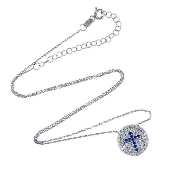 Blue Cubic Zirconia Cross Necklace | Vintage Sterling Silver 925 16”-18” - Picture 4 of 9